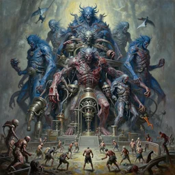 oil paint of 1 1 blue bloody flayed gods in tiers, colossal medical gangrene machines in tiers, dethroning melee, battle pits, by shigeru komatsuzaki, wayne d barlowe, stefano tamburini, ember light, muted colors, epic, hyper detailed, awe inspiring, award winning horror, narrative lighting, hyper realism, cinematic