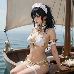 A beautiful female maid wearing a magical bikini posing on a boat, detailed face, fantasy art, in the style of artgerm, illustration, epic, fantasy, intricate, hyper detailed, artstation, concept art, smooth, sharp focus, ray tracing, profile shot