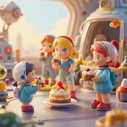 closeup profile portrait of tin toy space girls eating cakes in a retro spacecraft, nicoletta ceccoli, mark ryden, lostfish, max fleischer, depth of field, detailed and intricate environment, golden hour, 8 k resolution, hyperrealistic, octane render, vivid colors, bright, cheerful, detailed and intricate scifi environment