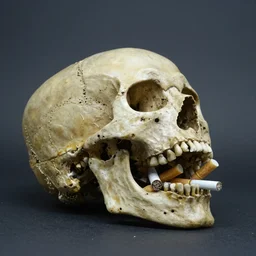 human skull laying on its back, open mouth, cigarette butts inside