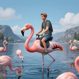 Norwegian man riding flamingo unreal engine Lars Lerin