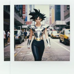 Warrior girl, wild spiky black Saiyan hair, wearing chrome armor and black spandex pants, walking through downtown Hong Kong, 1969, Polaroid