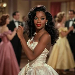 the image is a lost hollywood film still 1 9 8 0 s photograph of a black woman with dark brown skin, long, swirling black hair, and jade colored eyes, dancing in a ballroom in a ballgown. vibrant cinematography, anamorphic lenses, crisp, detailed image in 4 k resolution.