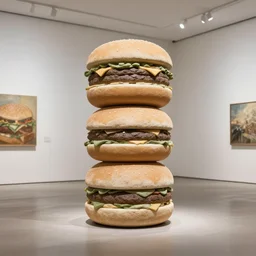 stacked stone sculpture of a hamburger. gallery photograph, indoor lighting