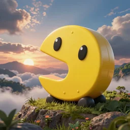 detailed pacman in a beautiful nature landscape with clouds, mountains, in background, sunset, by rhads, pacman