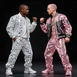 rap battle between kanye west and eminem, diamond and rose quartz, full body view, beautiful high quality realistic fantasy art, trending on artstation by artgerm and greg rutkowski and alphonse mucha