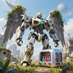A giant robot in city ruins overtaken by vegetation!!, Little planet!!!!, An Odyssey Beyond Reality!!!!!, cinematic, hyper realism, high detail, octane render, unreal engine, 8k, vibrant color, Mechanical Angel, futuristic toaster with complex circuitry!, Potions for the modern adventurer!!!, by andrea chiampo and chet zar