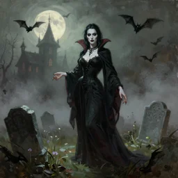 full shot of pale skin vampire goth witch standing, in a foggy graveyard. the moon, bats, haunted house in background, by frank frazetta, grey green brown color, palette knife and brush strokes, phantasy book cover, dramatic lighting