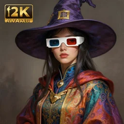 an anthropomorphic beautiful female scientist portrait wearing 3 d glasses wearing colourful robe, wizard hat, fine art, award winning, intricate, elegant, sharp focus, octane render, hyperrealistic, wizard hat cinematic lighting, highly detailed, digital painting, 8 k concept art, art by jamie hewlett and z. w. gu, masterpiece, trending on artstation, 8 k