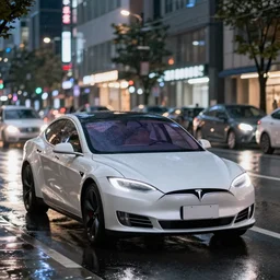 A Tesla model S on rainy Tokyo streets, night Time, bokeh, 4k, 8k, trending on ArtStation