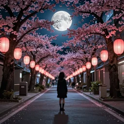 a dramatic colorful fujifilm photograph of the silhouette of a young japanese girl standing in the middle of a tranquil desolate moonlit tokyo street with paper lanterns and sparsely lined with blossoming ornamental cherry trees.