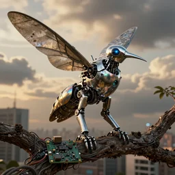 robot technological hummingbird with chrome beak, metal wings, perched on a tree branch, golden hour, intense clouds, city background, complex electronics circuit board and wires, iridescent, grunge and dirt, glowing eye, sharp details, subdued color, octane render, designed by apple and tesla, imax
