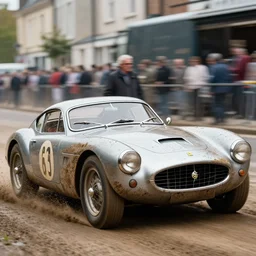 street photography by saul leiter and fred herzog and william eggleston, award winning photo of an ultra detailed intricate dirty vintage ferrari speeding very fast on mud, fast shutter speed, motion blur, tiny gaussian blur, highly detailed, highly intricate, depth of field, trending on top gear