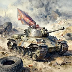 watercolor vampire squid - panzer, tank treads macerated in cluster of shredded tire valley by richard corben, bernie wrightson, ian miller, & albrecht durer, fine art masterpiece baked at 3 0 0 f, matte painting, dystopian lighting, photorealistic render, cinematic,