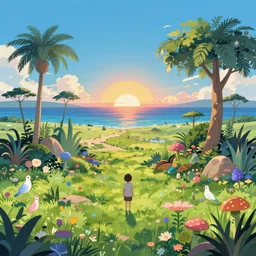 an enchanted anime inspired isekai sunset on the savanna with an ocean in the background., a lush oasis, anime aesthetic, bright blue and cyan sky. by greg rutkowski, in the style of a grand adventure