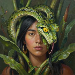 a surreal painting of the ayahuasca vine plant spirit mixed with the face of a beautiful indigenous woman with green snake skin and yellow snake eyes, matte painting, by christophe vacher, trending on artstation