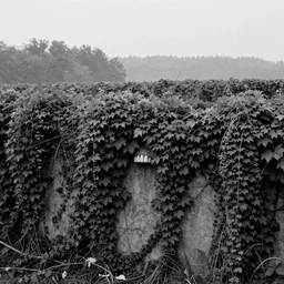 black and white, cinematic, landscape covered in vines, hazy, distant forest, ultra detailed, jean delville, maxfield parrish, returnal, extra teeth, biom