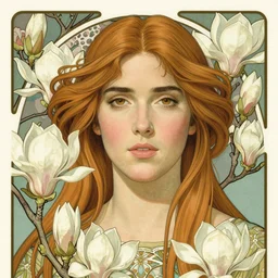 realistic detailed Art Nouveau lithograph frontal portrait of Jennifer Connelly surrounded by blossoming magnolia branches by Alphonse Mucha and Mark Brooks