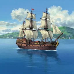 Anime blue water, victorian fire ship, far away, landscape, scenery, Cushart Krenz, Shinkai Makoto, by Lluluchwan, lots of details, highly detailed, 4k