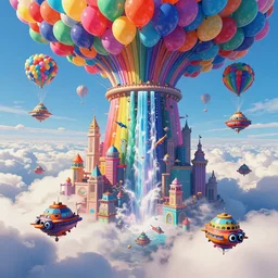 city ​​in the clouds, stempunk, flying ships, balloons, waterfall, many colors, colorful, all colors of the rainbow, highly saturated colors, epic fantasy, Nicodemus Yang-Mattisson, greg rutkowski, Dan Mumford, Peter Mohrbacher, trending on artstation, concept art