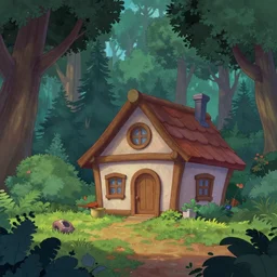 a clearing in a forest with a cabin, Disney cartoon, animation, high detail, colorful