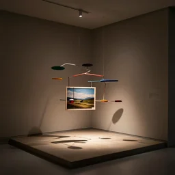 museum exhibit, contemporary bauhaus mobile, small exhibit chamber, ambient light, moody