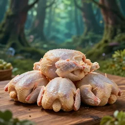 5 5 mm photo of a pile of freshly cut chiken on a wooden table in a magical forest. dof. bokeh. magical atmosphere. art by greg rutkowski. highly detailed 8 k. intricate. lifelike. soft light. nikon d 8 5 0.