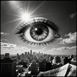 an all - seeing eye floating in the sky over a city, high contrast, low key, black and white, lens flare, newspaper, film grain