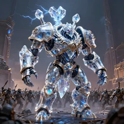 opal by jakub rozalski, armoured chaos golem still frame from warhammer movie, legendary magical crystal construct by wayne barlowe, crystal golem fighting vast army by jakub rozalski, opal lightning elemental by malczewski