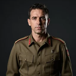 portrait of andrea bigiarini wearing a military uniform, dark background, studio light, hdr, nikon 2 4 mm f / 1. 8 g, by sebastiao salgado