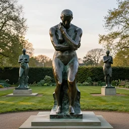 good morning! in the style of henry moore, bronze sculptures in an open air sculpture garden, 4 k resolution
