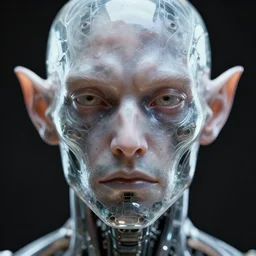 centered artwork. horizontally symmetrical artwork. high contrast. increased sharpness. depth of field. close-up portrait of one biomechanical lich face, with transparent skin made of glass, by jarold Sng and Stephen Oakley, octane render, by greg rutkowski, artstation