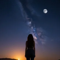 girl, beautiful stary sky, moon, galaxy, sun, profesional photography