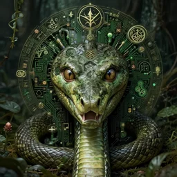 snake in the garden of eden, highly detailed face, magick, technology, sigils, circuitry, rutkowski,