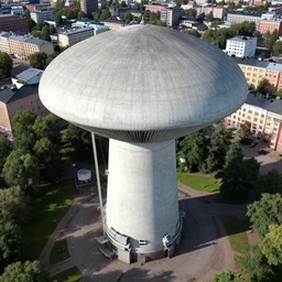 myllypuro water tower, mushroom shaped, concrete, gigantic, aerial photograph, helsinki, finland, realistic 2 0 2 2, detailed