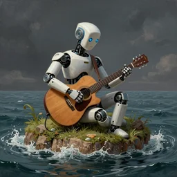 an artificial intelligence robot playing guitar on an island in the middle of a tumultuous lake a dramtatic matte painting by gordon tarpley, award - winning, trending on artstation, very detailed