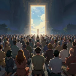 a crowd of worshipers praying to a portal to heaven, by James Gurney, luminous lighting, cinematic, panoramic, aspect ratio 1:3