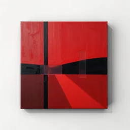 canvas coated with red paint, black stripes, translucent rectangles, matte paint,