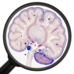 magnified 1 0 0 x, and stained with h & e ( hematoxylin and eosin ) staining technique, this light photomicrograph of brain tissue reveals the presence of prominent spongiotic changes in the cortex, and loss of neurons in a case of variant creutzfeldt - jakob disease ( vcjd ).