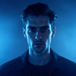 photograph of a handsome male portrait by chris raimo art, scary, blue lights, 1 9 1 6, fog, atmospheric
