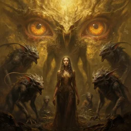 epic art of hungry eyes, ambient golden light, painted, mysterious, cinematic seaside terrifying animals scene, person, eerie, mythic, detailed, intricate, grand, leesha hannigan, wayne haag, reyna rochin, ignacio fernandez rios, mark ryden, van herpen, artstation, cgsociety, epic, stunning, gorgeous, wow wow detail