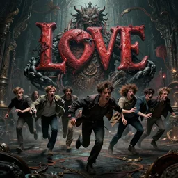 people running terrified of the love monster, high detail, 8k, ornate, dark fantasy, realistic, masterpiece, Trending on art station, complex, WLOP, film still from the movie directed by Denis Villeneuve with art direction by  Alex Grey, Greg Rutkowski