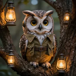 3 d octane tender of an anthropomorphic owl. the owl is wearing ww 2 pilot clothes, funny facial expression, in a tree by beatrix potter, sharp focus, detailed fluffy feathers, glowing eyes, glowing lanterns