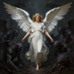 a painting of a beautiful angel surrounded by dark menacing creatures, wide angle, hyper detailed, digital art, trending in artstation, cinematic lighting, studio quality, smooth render