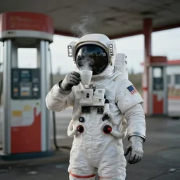 a cosmonaut in a spacesuit drinking steaming coffee in an abandoned gas station, cinematic, octane render, 4 k, matte painting