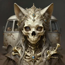 stunning kittenbus as goddess of skull portrait, skull, bones, dirt, fantasy, intricate, elegant, highly detailed, digital painting, artstation, concept art, smooth, sharp focus, illustration, art by afshar petros and krenz cushart and artem demura and tony sandoval