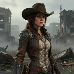 fallout 5, charismatic beautiful, cowboy - hat wearing, rugged, brunette female protagonist, portrait, outdoors ruined cityscape, atmospheric lighting, painted, intricate, volumetric lighting, beautiful, foggy, daytime, slight overcast weather, sharp focus, deep colours, ultra detailed, by leesha hannigan, ross tran, thierry doizon, kai carpenter, ignacio fernandez rios
