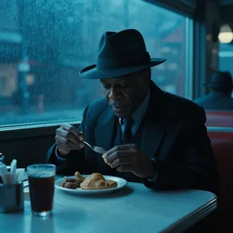 movie scene of an old black detective wearing a fedora hat having breakfast alone in a diner. cool blue lighting, moody vibe, rainy day, dark knight ( 2 0 0 8 ) set in 1 9 8 2. light haze. cadillac. cinemascope. scorcese. david fincher se 7 en. fred herzog