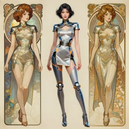 a digital concept art by artgerm, greg rutkowski and alphonse mucha. full body!! clear portrait of an attractive japanese showgirl in hi - tech short cheongsam. a high set geometric tailoring uniform. cyber leg prosthesis!! grey blue and orange laser straps. metal belt. 8 k. hyper detailed, intricate, elegant, smooth, sharp edges