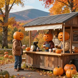pumpkin headed people ordering pumpkin coffee at a maple coffee stand, maple trees with fall foliage, on a mountain in new hampshire, volumetric, realistic, cinematic lighting, ray tracing, unreal engine 5, octane render, hyper realistic, photo, 8 k